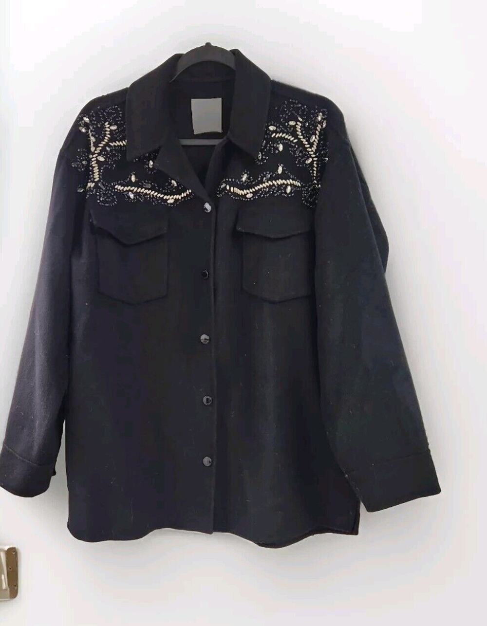 Sandro Black Wool Blend Beaded Embellished Shaket Jacket Designer Size EU40 US M